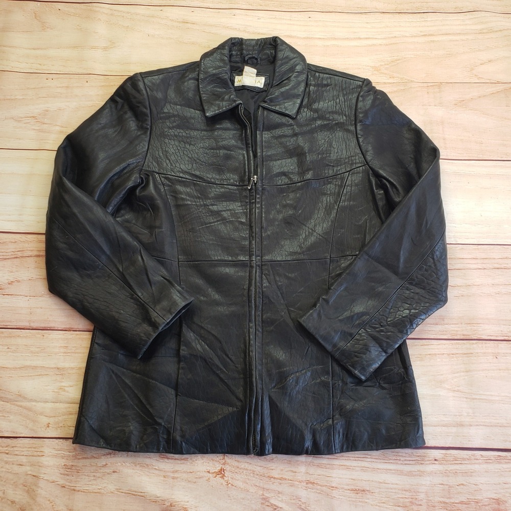 Merona Genuine Leather Jacket Womens Small Black Zip Up Collared‎ Textured 31871